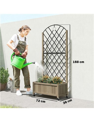 Outsunny Raised Garden Bed with Metal Trellis, Wooden Elevated Planter Box w/Lockable Wheels, Outdoor Raised Planter, Carbonised