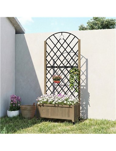 Outsunny Raised Garden Bed with Metal Trellis, Wooden Elevated Planter Box w/Lockable Wheels, Outdoor Raised Planter, Carbonised