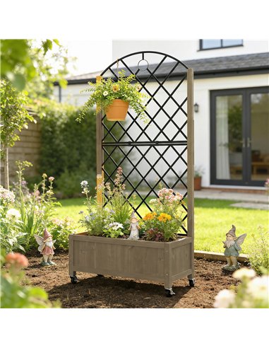 Outsunny Raised Garden Bed with Metal Trellis, Wooden Elevated Planter Box w/Lockable Wheels, Outdoor Raised Planter, Carbonised