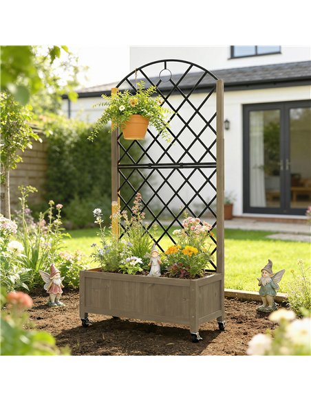 Outsunny Raised Garden Bed with Metal Trellis, Wooden Elevated Planter Box w/Lockable Wheels, Outdoor Raised Planter, Carbonised - pic 186753 | FastDaddyshop
