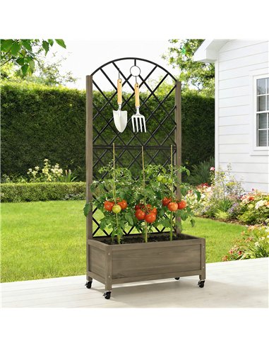 Outsunny Raised Garden Bed with Metal Trellis, Wooden Elevated Planter Box w/Lockable Wheels, Outdoor Raised Planter, Carbonised