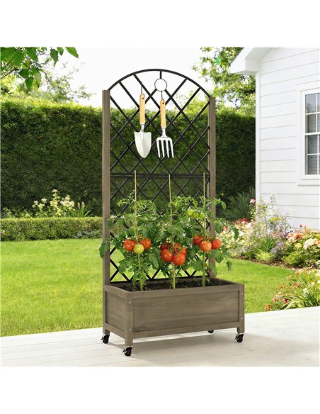 Outsunny Raised Garden Bed with Metal Trellis, Wooden Elevated Planter Box w/Lockable Wheels, Outdoor Raised Planter, Carbonised - pic 186754 | FastDaddyshop