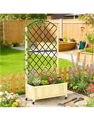 Outsunny Raised Garden Bed with Metal Trellis, Wooden Elevated Planter Box with Lockable Wheels, Outdoor Raised Planter, Natural