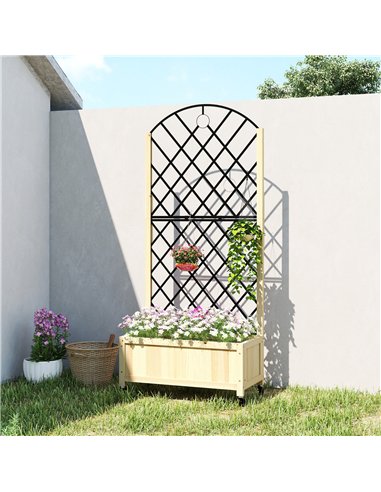 Outsunny Raised Garden Bed with Metal Trellis, Wooden Elevated Planter Box with Lockable Wheels, Outdoor Raised Planter, Natural