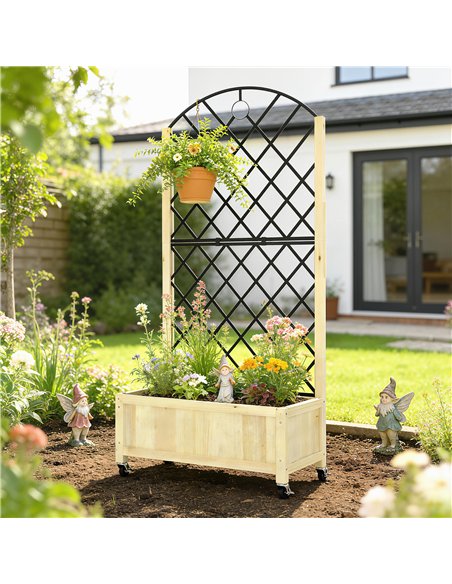 Outsunny Raised Garden Bed with Metal Trellis, Wooden Elevated Planter Box with Lockable Wheels, Outdoor Raised Planter, Natural - pic 186762 | FastDaddyshop