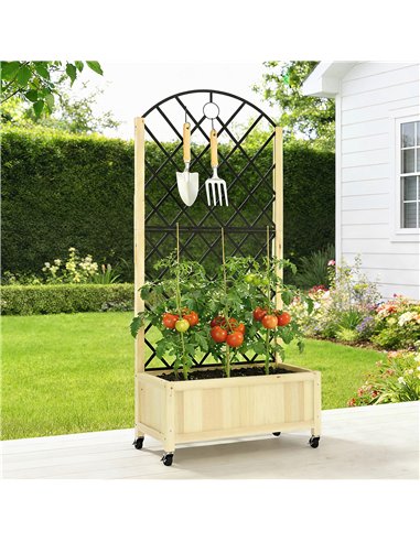 Outsunny Raised Garden Bed with Metal Trellis, Wooden Elevated Planter Box with Lockable Wheels, Outdoor Raised Planter, Natural
