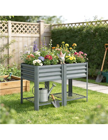 Outsunny Raised Garden Bed with Storage Shelf Steel Elevated Planter Box with Legs for Outdoor Vegetables Flowers
