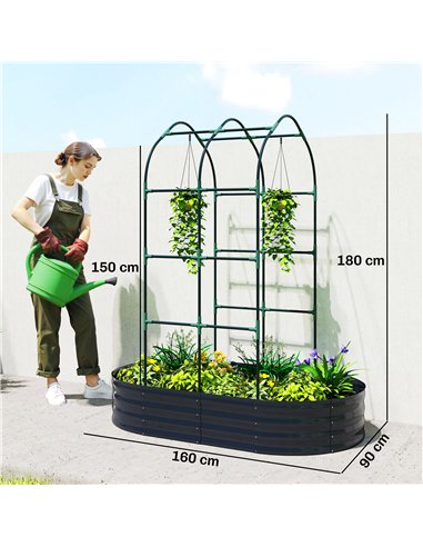Outsunny Galvanised Raised Garden Bed with Arched Trellis, 5 x 3 x 6ft Metal Raised Bed for Garden with Open Bottom, Dark Grey