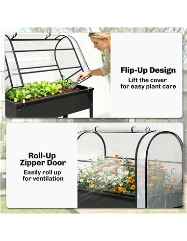 Outsunny Raised Planter with Flip-Up Greenhouse Cover, Metal Raised Garden Bed on Legs with Drainage Hole, Black