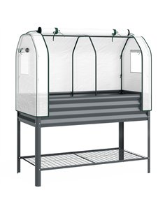 Outsunny Galvanised Raised Planter with Greenhouse Cover, Metal Raised Garden Bed on Legs with Bed Liner and Bottom Shelf