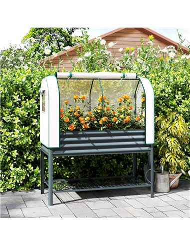Outsunny Galvanised Raised Planter with Greenhouse Cover, Metal Raised Garden Bed on Legs with Bed Liner and Bottom Shelf