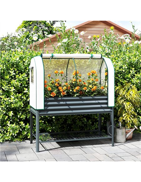 Outsunny Galvanised Raised Planter with Greenhouse Cover, Metal Raised Garden Bed on Legs with Bed Liner and Bottom Shelf - pic 186819 | FastDaddyshop