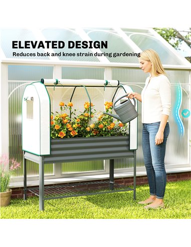 Outsunny Galvanised Raised Planter with Greenhouse Cover, Metal Raised Garden Bed on Legs with Bed Liner and Bottom Shelf