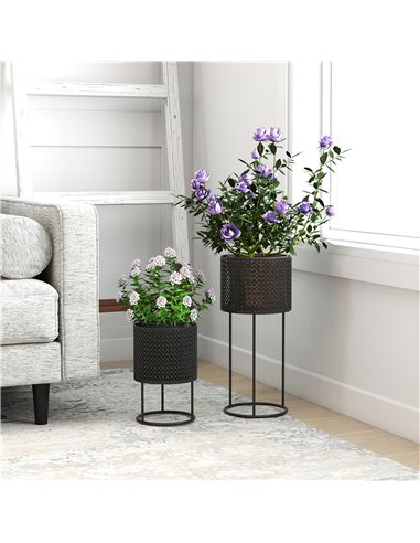 Outsunny Metal Plant Pots Set of 2 with Hollow Design Flower Planters for Garden Balcony Black