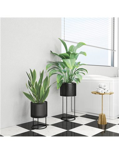 Outsunny Metal Plant Pots Set of 2 with Hollow Design Flower Planters for Garden Balcony Black