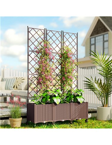 Outsunny Plastic Raised Planter with Trellis, Self Watering Raised Bed for Garden with Wheels, Drainage Holes and Plugs