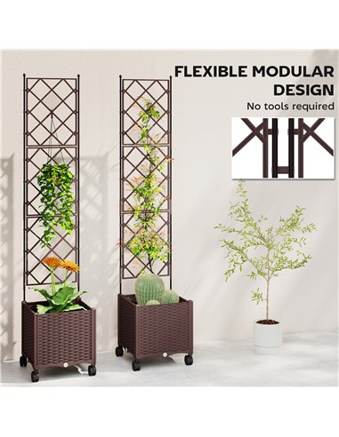 Outsunny Plastic Raised Planter with Trellis, Self Watering Raised Bed for Garden with Wheels, Drainage Holes and Plugs