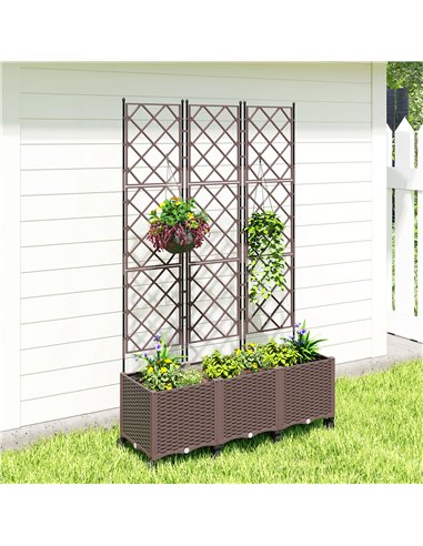 Outsunny Plastic Raised Planter with Trellis, Self Watering Raised Bed for Garden with Wheels, Drainage Holes and Plugs