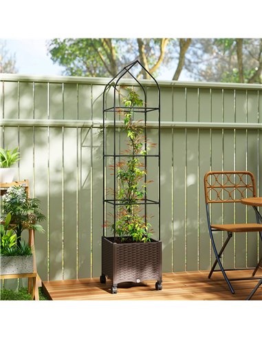 Outsunny Raised Garden Bed with Trellis, Tomato Cage with Lockable Wheels, Self Watering Planter Box with Drainage Holes, Brown