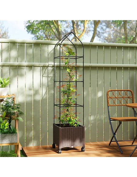 Outsunny Raised Garden Bed with Trellis, Tomato Cage with Lockable Wheels, Self Watering Planter Box with Drainage Holes, Brown - pic 186846 | FastDaddyshop