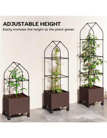 Outsunny Raised Garden Bed with Trellis, Tomato Cage with Lockable Wheels, Self Watering Planter Box with Drainage Holes, Brown - pic 186849 | FastDaddyshop