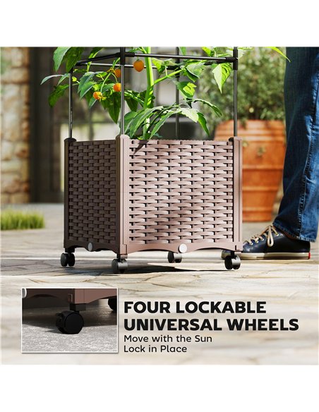 Outsunny Raised Garden Bed with Trellis, Tomato Cage with Lockable Wheels, Self Watering Planter Box with Drainage Holes, Brown - pic 186851 | FastDaddyshop
