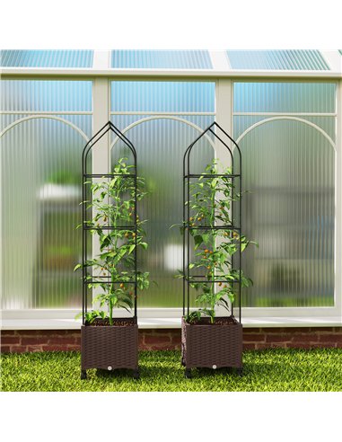 Outsunny Raised Garden Bed with Trellis, Tomato Cage with Lockable Wheels, Self Watering Planter Box with Drainage Holes, Brown