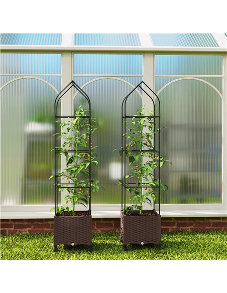 Outsunny Raised Garden Bed with Trellis, Tomato Cage with Lockable Wheels, Self Watering Planter Box with Drainage Holes, Brown - pic 186853 | FastDaddyshop