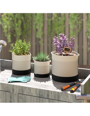Outsunny Plant Pots Handwoven Cotton Indoor Planters with Waterproof Liner Set of 3 White
