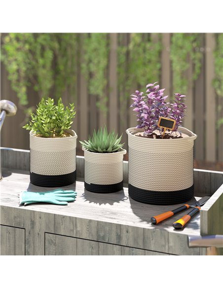Outsunny Plant Pots Handwoven Cotton Indoor Planters with Waterproof Liner Set of 3 White - pic 186900 | FastDaddyshop