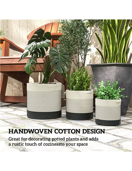 Outsunny Plant Pots Handwoven Cotton Indoor Planters with Waterproof Liner Set of 3 White - pic 186902 | FastDaddyshop