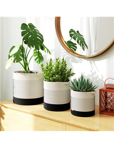 Outsunny Plant Pots Handwoven Cotton Indoor Planters with Waterproof Liner Set of 3 White