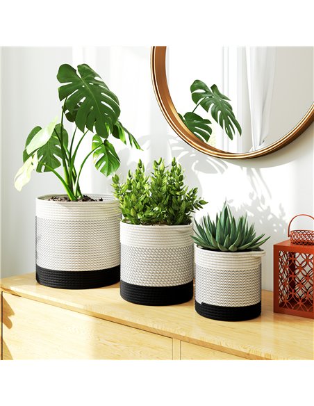 Outsunny Plant Pots Handwoven Cotton Indoor Planters with Waterproof Liner Set of 3 White - pic 186905 | FastDaddyshop