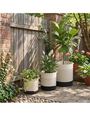 Outsunny Plant Pots Handwoven Cotton Indoor Planters with Waterproof Liner Set of 3 White
