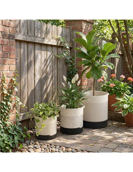 Outsunny Plant Pots Handwoven Cotton Indoor Planters with Waterproof Liner Set of 3 White - pic 186907 | FastDaddyshop