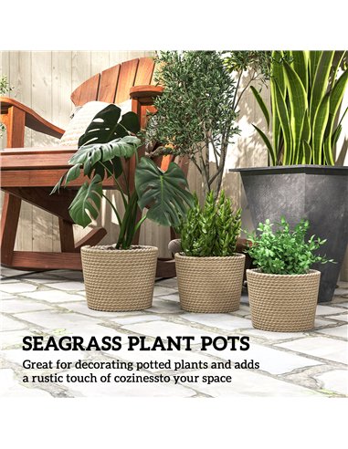 Outsunny Seagrass Planters Set of 3 Plant Pots for Indoor Outdoor Patio Balcony Natural