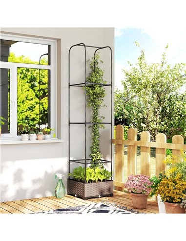 Outsunny Raised Garden Bed with Trellis, Plastic Planter Box with Drainage Holes, Drain Plugs and Water Reservoirs