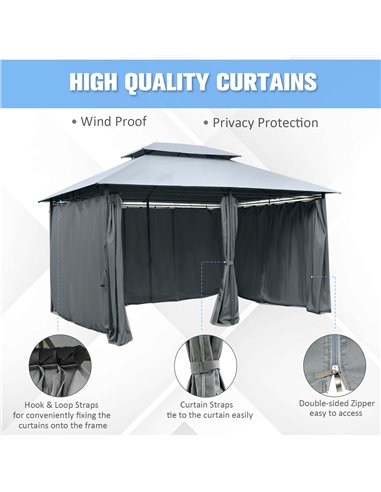 Outsunny 3x4m Outdoor 2-Tier Steel Frame Gazebo with Curtains, Black-Grey