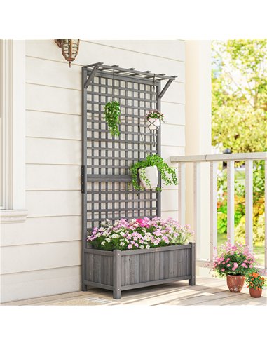 Outsunny Raised Bed with Drainage Holes, Wood Planter with Trellis for Climbing Plants, Dark Grey