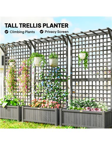 Outsunny Raised Bed with Drainage Holes, Wood Planter with Trellis for Climbing Plants, Dark Grey