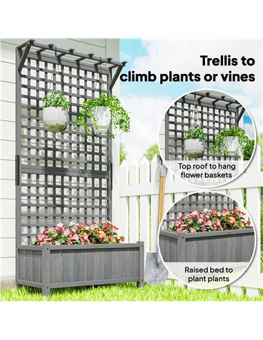Outsunny Raised Bed with Drainage Holes, Wood Planter with Trellis for Climbing Plants, Dark Grey