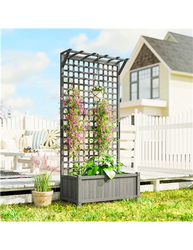 Outsunny Raised Bed with Drainage Holes, Wood Planter with Trellis for Climbing Plants, Dark Grey