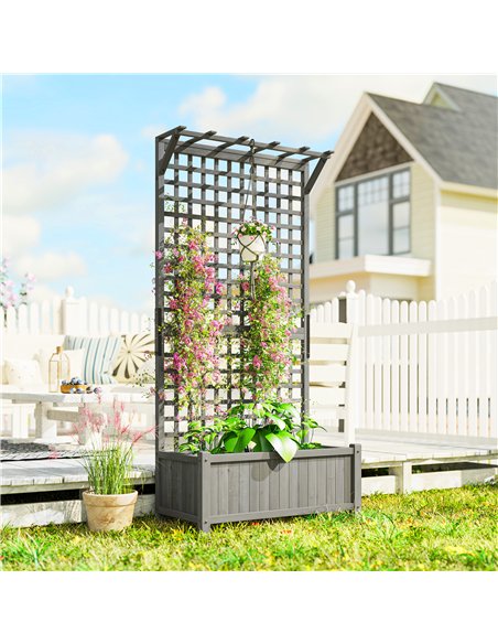 Outsunny Raised Bed with Drainage Holes, Wood Planter with Trellis for Climbing Plants, Dark Grey - pic 186996 | FastDaddyshop