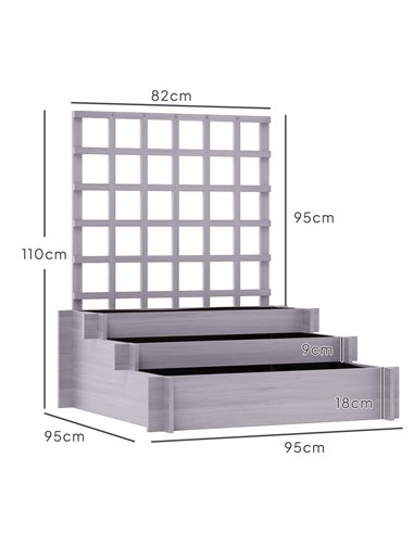 Outsunny 3 Tier Garden Planters with Trellis for Vine Climbing, Wooden Raised Beds, 95x95x110cm, Grey