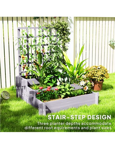 Outsunny 3 Tier Garden Planters with Trellis for Vine Climbing, Wooden Raised Beds, 95x95x110cm, Grey