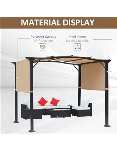 Outsunny 3x2.45x2.3m Outdoor Retractable Pergola with Two Adjustable Side Canopy, Steel Khaki