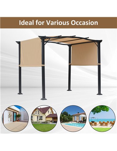 Outsunny 3x2.45x2.3m Outdoor Retractable Pergola with Two Adjustable Side Canopy, Steel Khaki