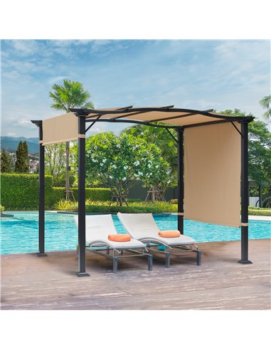 Outsunny 3x2.45x2.3m Outdoor Retractable Pergola with Two Adjustable Side Canopy, Steel Khaki