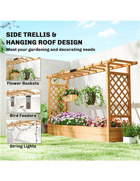 Outsunny Raised Planter with Trellis, Wooden Raised Bed with Hanging Roof and Drainage Holes for Garden, Natural - pic 187118 | FastDaddyshop