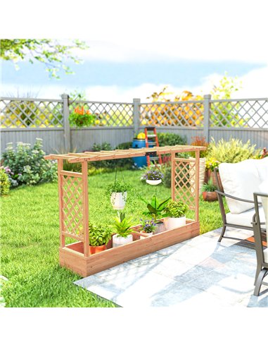 Outsunny Raised Planter with Trellis, Wooden Raised Bed with Hanging Roof and Drainage Holes for Garden, Natural